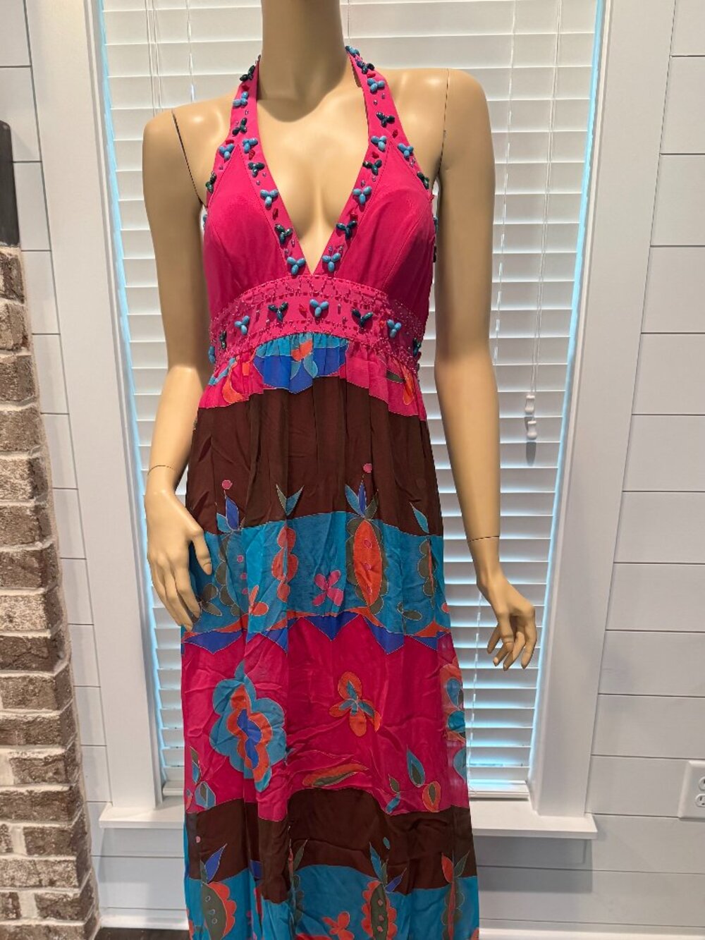 Sue Wong Silk Dress Y2K Beaded Evening Fancy Pink Blue Brown Halter Art Deco G2